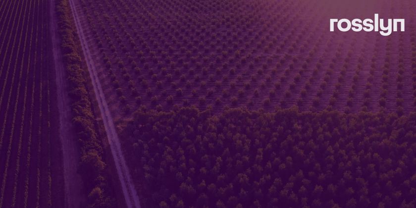 Fields and woodland with a purple overlay