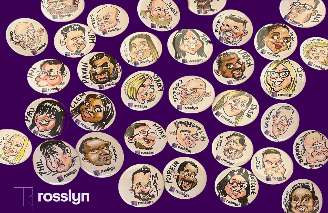 Caricatures of Rosslyn employees on badges on a purple background