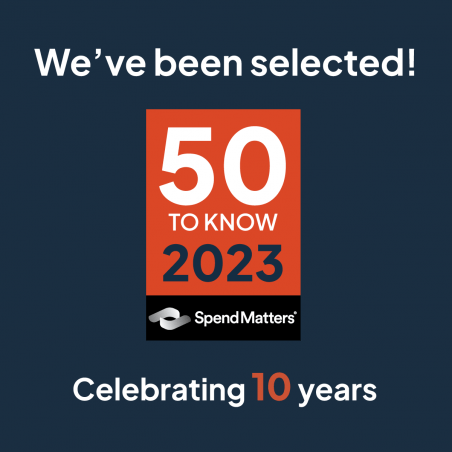 Red badge showing we've been selected on Spend Matters 50 to know 2023 list on a dark background