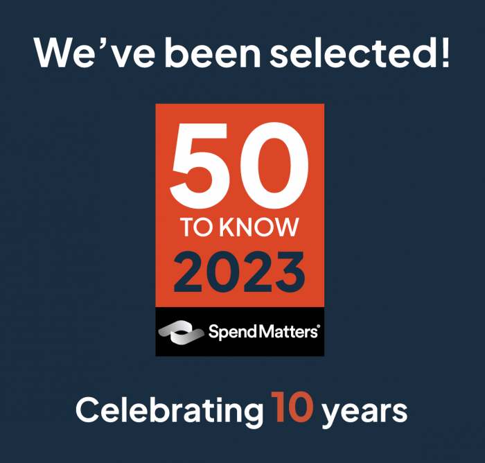 Red badge showing we've been selected on Spend Matters 50 to know 2023 list on a dark background
